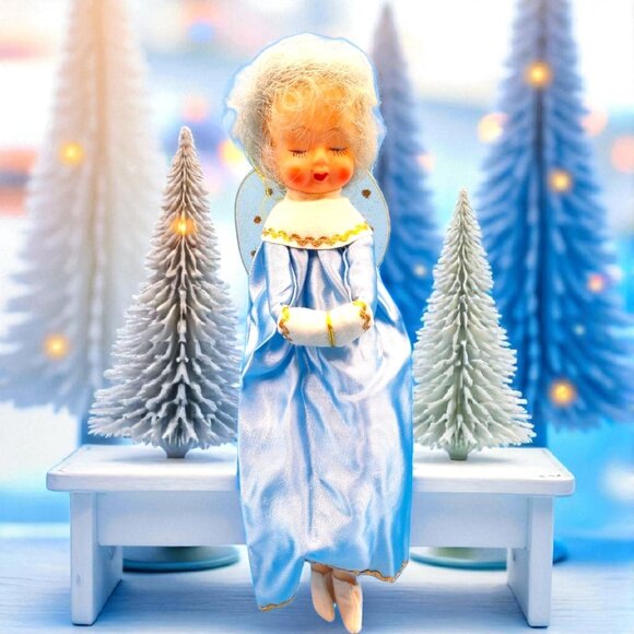 1965 Blue Haired Pixie Fairy Angel Ornament Sleepy Eyes Japan Christmas Decor - Picture 1 of 10